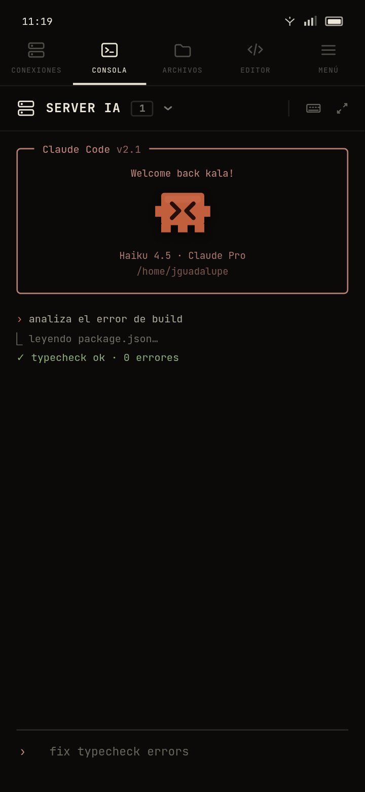 Kammel terminal running a shell session over SSH on Android