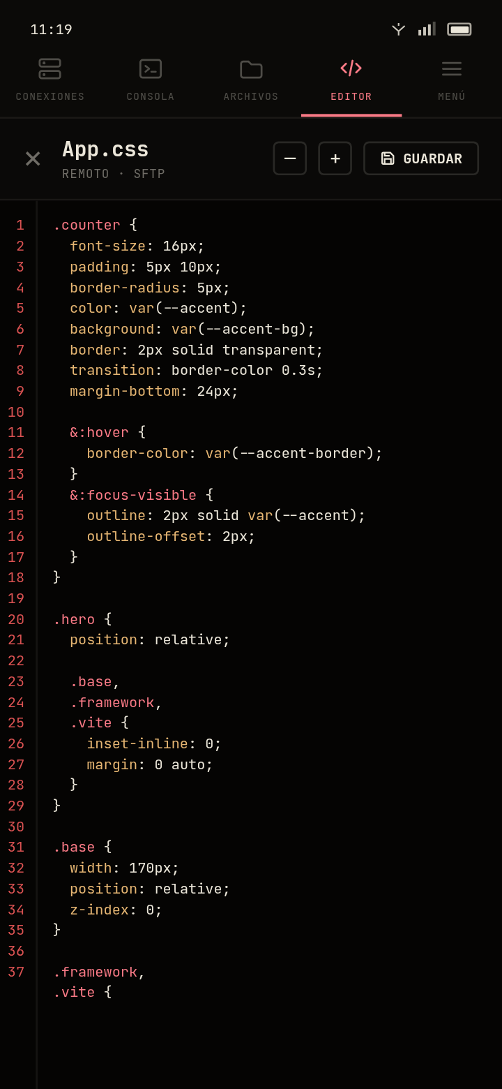 Kammel code editor with syntax highlighting on a remote file